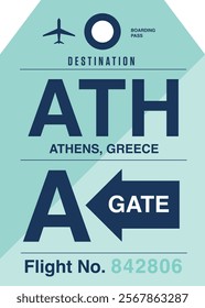 Vintage airport boarding pass. Athens, Greece. Airport code. Airplane ticket. Travel ticket. Airline tickets.
