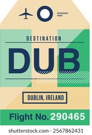 Vintage airport boarding pass. Dublin, Ireland. Airport code. Airplane ticket. Travel ticket. Airline tickets