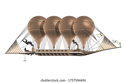 Vintage airship, aerostat, hot air balloon or zeppelin, vector illustration.