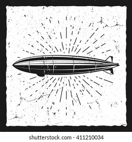 Vintage airship background. Retro Dirigible balloon grunge poster template. Steampunk vector design. Steam punk old sketching style. Use as badge, label for web design or tee design, t-shirt print