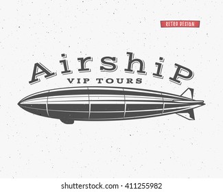 Vintage airship background. Retro Dirigible balloon vip tours label template. Steampunk vector design. Steam punk old sketching style. Use as badge, label for web design or tee design, t-shirt print.