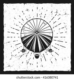 Vintage airship background. Retro Dirigible balloon grunge poster template. Steampunk vector design. Steam punk old sketching style. Use as brochure, poster for web design or tee design t-shirt print.