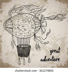 Vintage airship. Cartoon steampunk styled flying airship. Retro vector hand drawn illustration.