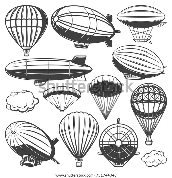 Vintage\
airship collection with clouds hot air balloons and blimps of\
different types isolated vector illustration\
