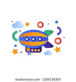 Vintage airship, colorful toy air vehicle vector Illustration on a white background