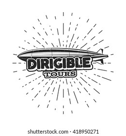 Vintage airship logo design. Retro Dirigible badge, poster. Airplane Label vector design. Old sketching style. Use as fly logo, label, stamp, patch for web design or tee design, t-shirt