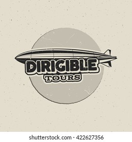 Vintage airship logo design. Retro Dirigible badge, poster. Airplane Label vector design. Old sketching style. Use as fly logo, label, stamp, , insignia, patch for web design or tee design, t-shirt
