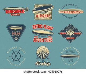 Vintage airship logo designs set. Retro Dirigible badges collection. Airplane Label vector design. Old sketching style. Use as fly logos, labels, stamps, patches for web design, tee design, t-shirt.