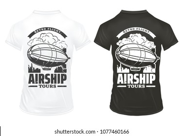 Vintage airship prints on shirts template with inscription and digirible flying over city isolated vector illustration