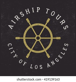 Vintage airship tee design. Retro Dirigible poster. Steering wheel symbol. Label vector design. Old tshirt template. Typography concept. Aircraft stamp, patch for web design or printing t-shirt