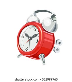 Vintage alarm clock with arrow and bells. Mechanics round. Watch vector illustration. Isolated white background