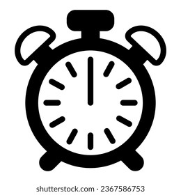 Vintage alarm clock with button, 12 pm, 12 am solid icon, time concept, timepiece vector sign on white background, glyph style icon for mobile concept and web design. Vector graphics