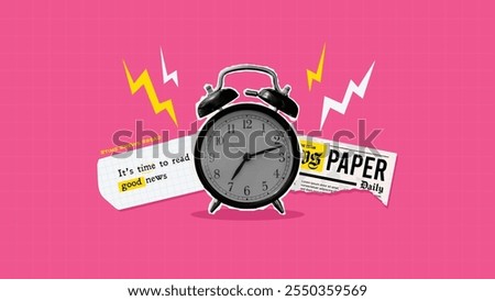 Vintage Alarm Clock Collage with Torn Newspaper Elements. Time to Read Good News Concept. School Grid Notebook Background.