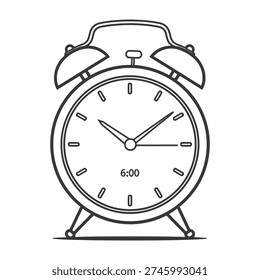 Vintage alarm clock displaying six o'clock with classic bell shaped sides and minimalist black and white line art design evoking timeless productivity and focus