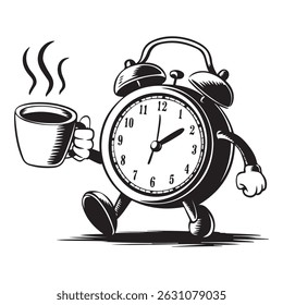 Vintage Alarm Clock Holding Coffee Cup Cartoon Illustration