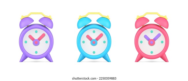 Vintage alarm clock morning ring mechanical clockwise with arrow time reminder 3d icon set realistic vector illustration. Timer countdown hour minute clockwork alert wake up calendar notification