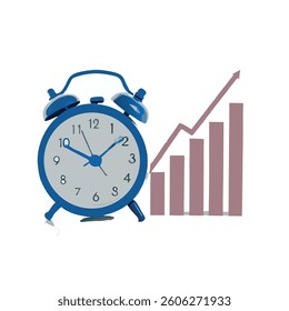 A Vintage Alarm Clock Next to a Bar Graph with Upward Arrows