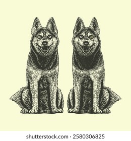 Vintage Alaskan Klee Kai colored hand drawing vector isolated on light background.