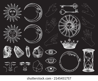 Vintage alchemical icons collection on chalkboard. Popular esoteric symbols. Mystical or magic elements for tarot cards, banners, prints, tattoos, and stickers. Hand-sketched and line art objects set
