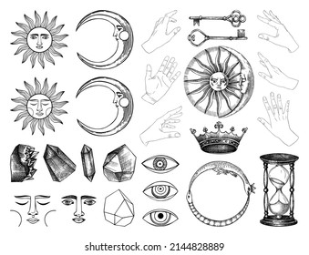 Vintage alchemical icons collection. Popular esoteric symbols. Mystical or magic elements for tarot cards, banners, prints, tattoos, and stickers. Hand-sketched and line art objects set