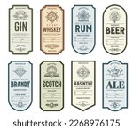 Vintage alcohol labels, brandy, whiskey and rum, absinthe and gin, beer, scotch and ale. Old craft drink bottle vector badges or labels with thin line beer tankard, oak barrel, grapevine and barley