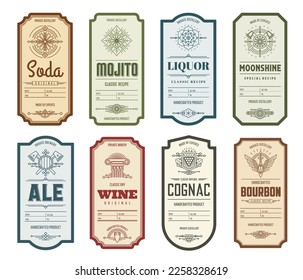 Vintage alcohol labels. Mojito, soda and cognac, ale and wine, liquor, bourbon and moonshine vector thin line badges of craft drink or beverage bottles. Pub, brewery and winery linear emblems set