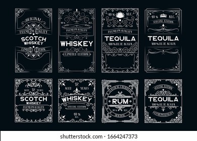 Vintage alcohol labels set with lettering for pub. Hand drawn premium frames for tequila, rum, scotch, whiskey bottles in drink bar.