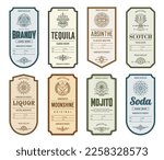 Vintage alcohol labels, tequila, brandy and soda, liquor and mojito, moonshine, scotch and absinthe drink bottles. Vector emblems of craft beverage with thin line malt grains, grapevine, mint and lime