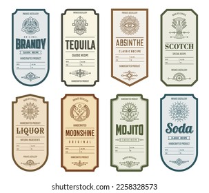 Vintage alcohol labels, tequila, brandy and soda, liquor and mojito, moonshine, scotch and absinthe drink bottles. Vector emblems of craft beverage with thin line malt grains, grapevine, mint and lime