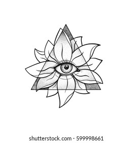 Vintage All Seeing Eye in Lotus Flower. Providence magic symbol for print, tattoo, coloring book, fabric, t-shirt, cloth in engraving style. Astrology, occult, esoteric insight sign with eye. Vector.