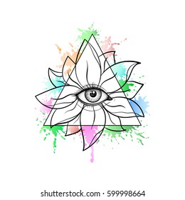 Vintage All Seeing Eye in Lotus Flower. Providence magic symbol for print, tattoo, coloring book, fabric, t-shirt, cloth in watercolor style. Astrology, occult, esoteric insight sign with eye. Vector.