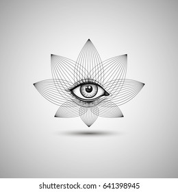 Vintage All Seeing Eye in Lotus Flower. Vector providence magic symbol for print, tattoo, coloring book, fabric, t-shirt, cloth in Dotwork style. Astrology, occult, esoteric insight sign with eye.