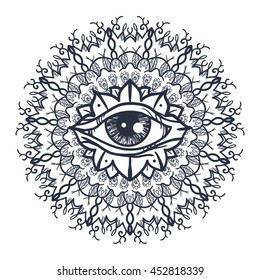 Vintage All Seeing Eye in Mandala. Providence magic symbol for print, tattoo, coloring book,fabric, t-shirt, cloth in boho style. Astrology, occult and tribal, esoteric and alchemy sign. Vector