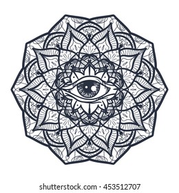 Vintage All Seeing Eye in Mandala. Providence magic symbol for print, tattoo, coloring book,fabric, t-shirt, cloth in boho style. Astrology, occult and tribal, esoteric and alchemy sign. Vector