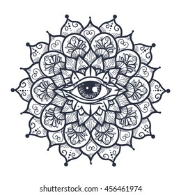 Vintage All Seeing Eye in Mandala. Providence magic symbol for print, tattoo, coloring book,fabric, t-shirt, cloth in boho style. Astrology, occult and tribal, esoteric and alchemy sign. Vector