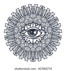 Vintage All Seeing Eye in Mandala. Providence magic symbol for print, tattoo, coloring book,fabric, t-shirt, cloth in boho style. Astrology, occult and tribal, esoteric and alchemy sign. Vector