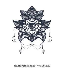 Vintage All Seeing Eye in Mandala Lotus. Providence magic symbol for print, tattoo, coloring book,fabric, t-shirt, cloth in boho style. Astrology, occult, esoteric insight sign with eye. Vector