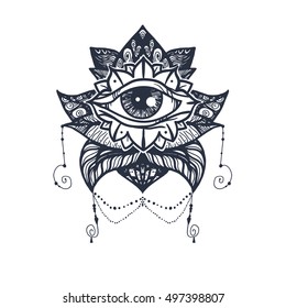 Vintage All Seeing Eye in Mandala Lotus. Providence magic symbol for print, tattoo, coloring book,fabric, t-shirt, cloth in boho style. Astrology, occult, esoteric insight sign with eye. Vector