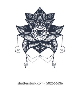Vintage All Seeing Eye in Mandala Lotus. Providence magic symbol for print, tattoo, coloring book,fabric, t-shirt, cloth in boho style. Astrology, occult, esoteric insight sign with eye. Vector