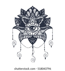 Vintage All Seeing Eye in Mandala Lotus. Providence magic symbol for print, tattoo, coloring book,fabric, t-shirt, cloth in boho style. Astrology, occult, esoteric insight sign with eye. Vector