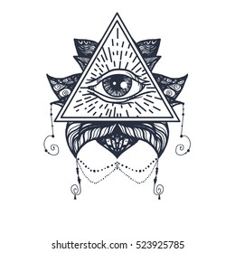 Vintage All Seeing Eye in Mandala Lotus. Providence magic symbol for print, tattoo, coloring book,fabric, t-shirt, cloth in boho style. Astrology, occult, esoteric insight sign with eye. Vector