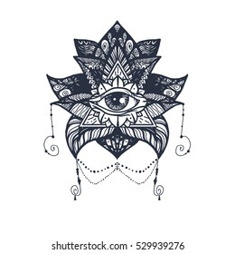 Vintage All Seeing Eye in Mandala Lotus. Providence magic symbol for print, tattoo, coloring book,fabric, t-shirt, cloth in boho style. Astrology, occult, esoteric insight sign with eye. Vector
