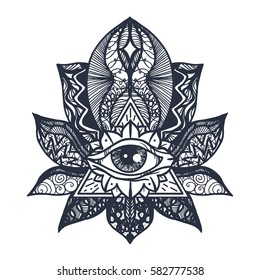 Vintage All Seeing Eye in Mandala Lotus. Providence magic symbol for print, tattoo, coloring book,fabric, t-shirt, cloth in boho style. Astrology, occult, esoteric insight sign with eye. Vector