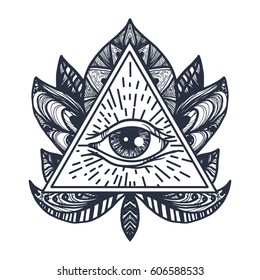 Vintage All Seeing Eye in Mandala Lotus. Providence magic symbol for print, tattoo, coloring book,fabric, t-shirt, cloth in boho style. Astrology, occult, esoteric insight sign with eye. Vector