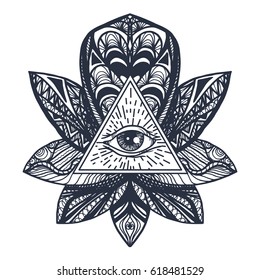 Vintage All Seeing Eye in Mandala Lotus. Providence magic symbol for print, tattoo, coloring book,fabric, t-shirt, cloth in boho style. Astrology, occult, esoteric insight sign with eye. Vector