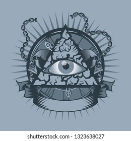 Vintage all seeing Eye in Triangle with watches and Skulls behind. Monochrome tattoo style.