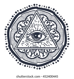 Vintage All Seeing Eye in Triangle and Mandala. Providence magic symbol for print, tattoo, coloring book,fabric, t-shirt, cloth in boho style. Astrology, occult, tribal, esoteric, alchemy sign. Vector