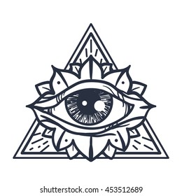 Vintage All Seeing Eye in Triangle. Providence magic symbol for print, tattoo, coloring book,fabric, t-shirt, cloth in boho style. Astrology, occult and tribal, esoteric and alchemy sign. Vector