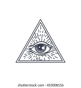 Vintage All Seeing Eye in Triangle. Providence magic symbol for print, tattoo, coloring book,fabric, t-shirt, cloth in boho style. Astrology, occult and tribal, esoteric and alchemy sign. Vector