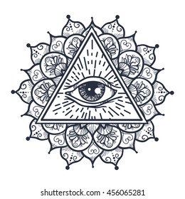 Vintage All Seeing Eye in Triangle and Mandala. Providence magic symbol for print, tattoo, coloring book,fabric, t-shirt, cloth in boho style. Astrology, occult, tribal, esoteric, alchemy sign. Vector